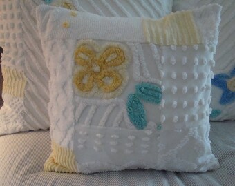 Yellow And White Patchwork Chenille Pillow Cover With Floral Center for 18" Pillow Insert