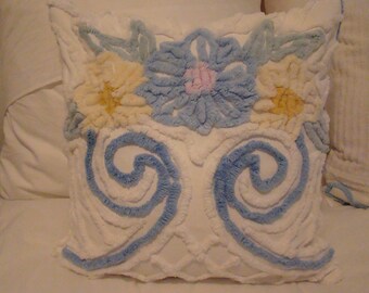 Blue And White Chenille Pillow Cover With Floral Center for 18" Pillow Insert
