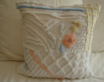 Yellow, Blue And White Patchwork Chenille Pillow Cover With Floral Center for 16" Pillow Insert