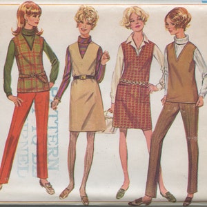 May include: A vintage sewing pattern for a sleeveless top and skirt or pants. The pattern is for size 12 and has a bust measurement of 34 inches. The pattern is from Simplicity and is number 7795.