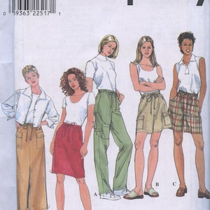 May include: A sewing pattern for four different styles of pants and skirts. The pattern includes a long skirt with pockets, a shorter skirt with a drawstring waist, a pair of cargo pants, and a pair of shorts with a drawstring waist. The pattern is for sizes 6, 8, and 10.