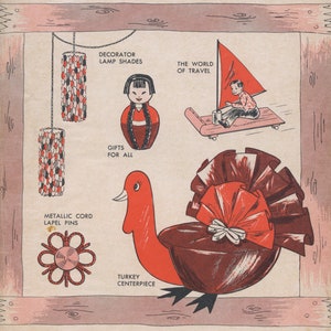 May include: A vintage magazine cover for Pack-o-Fun, a scrap-craft magazine. The cover features a red and brown turkey centerpiece, a red sailboat, a red and black lampshade, and a red and black nesting doll. The magazine cover is from November 1967 and costs 35 cents.