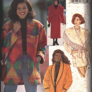 May include: Butterick sewing pattern 3026 for sizes 14-16-18. The envelope features illustrations of three jacket styles: a multi-colored geometric print jacket, a solid red long coat, and a cream-colored jacket with fringe and patch pockets.