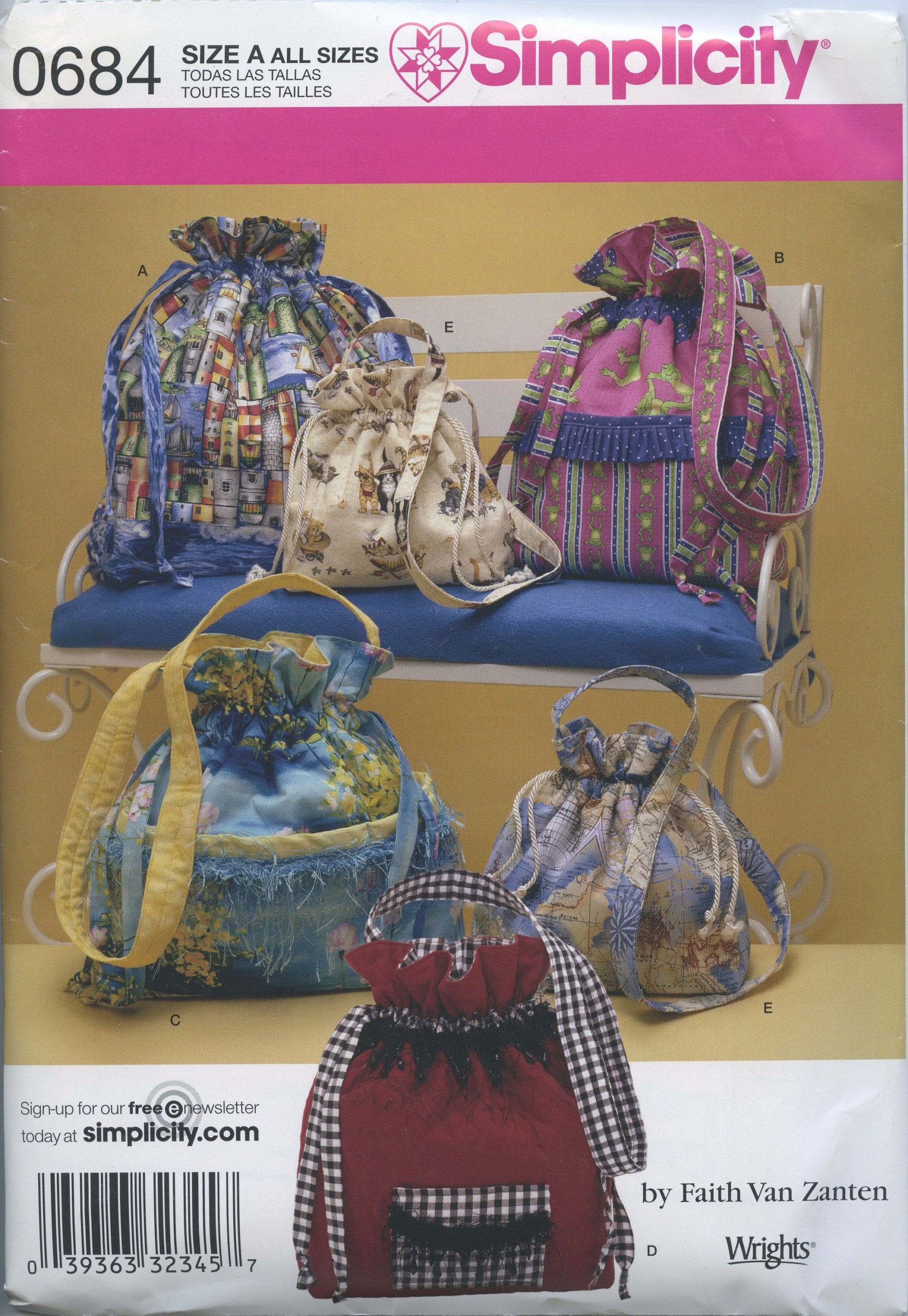 Drawstring-type Handbags in 3 Sizes - Simplicity 0684