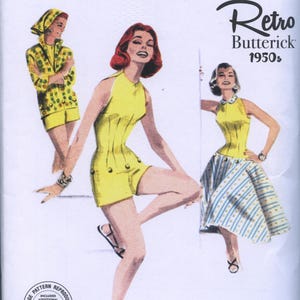 May include: Vintage sewing pattern for a retro 1950s style dress. The pattern is from Butterick and has the number R12229. The pattern includes three different styles of dresses, all in yellow with a white polka dot pattern. The pattern is for sizes 16-18-20-22-24.
