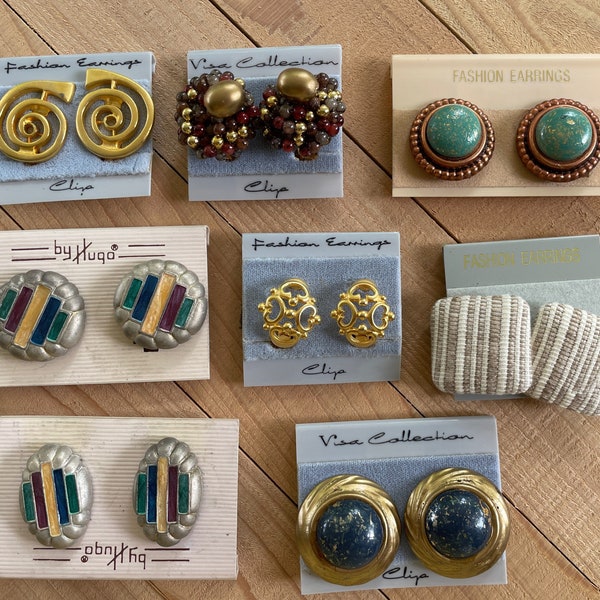 8 sets vintage clip earrings, new old stock, Hugo, Visa Collection