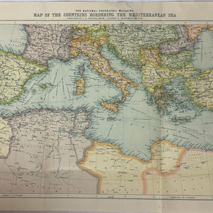 Original January 1912 Map of Countries Bordering the Mediterranean Sea, National Geographic