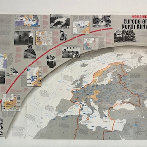 May include: A detailed map of Europe and North Africa during World War II, showing the progression of the war with a red timeline. The map includes various battle locations, key cities, and important dates. The map is titled "World War II Europe and North Africa".