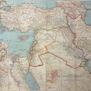 May include: A vintage map of the Eastern Mediterranean, showing the countries of Turkey, Syria, Lebanon, Israel, Jordan, Egypt, and Iraq. The map is titled "Lands of the Eastern Mediterranean" and is from The National Geographic Magazine.