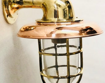 Vintage Brass Bulkhead Light with a Large Copper Shade - Refurbished, Restored, Rewired and Ready for use!