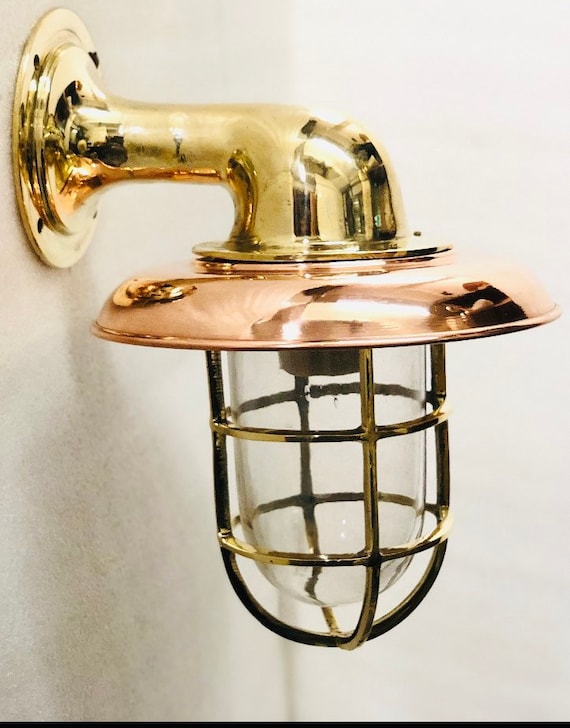 Vintage Brass Bulkhead Light With a Large Copper Shade Refurbished,  Restored, Rewired and Ready for Use 