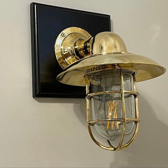 Vintage Brass Bulkhead Light With a Large Brass Shade Refurbished