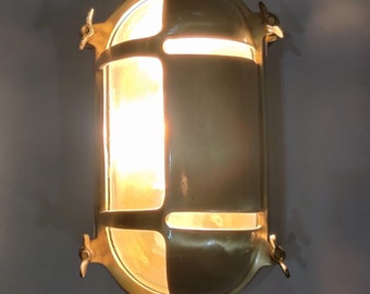 Vintage Brass Salvaged Oval  Bulkhead Light with Brass Grill - Ship Salvaged Light - Restored, Rewired and Ready for use!