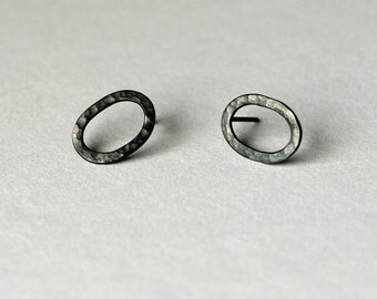 Oxidised Silver Oval Hoop Earrings|Oxidized Stud Earrings|Hoop Studs|Hammered Silver Earrings|Small Earrings|Oval Studs|UK Seller|Jewellery