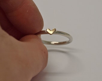 Heart Ring, Handmade Sterling Silver Ring Band, 9ct Yellow Gold Heart, Gift for Her, Anniversary Ring, Made in UK, Valentines, Engagement
