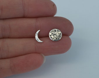 Moon Earrings, Silver Moon Stud Earrings, Handmade Sterling Silver, Mismatched Earrings, Small Earrings, Space Jewellery, Unisex Earrings