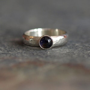 Hammered Sterling Silver Ring with Iolite Cabachon Stone, Handmade in UK, Rings, Navy Blue Semi-Precious Gemstone Boho Jewellery, Gifts