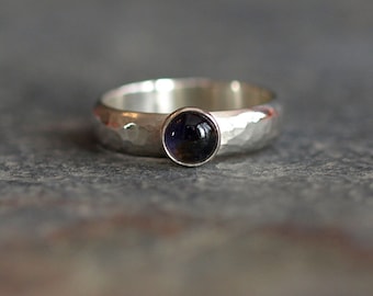 Hammered Sterling Silver Ring with Iolite Cabachon Stone, Handmade in UK, Rings, Navy Blue Semi-Precious Gemstone Boho Jewellery, Gifts