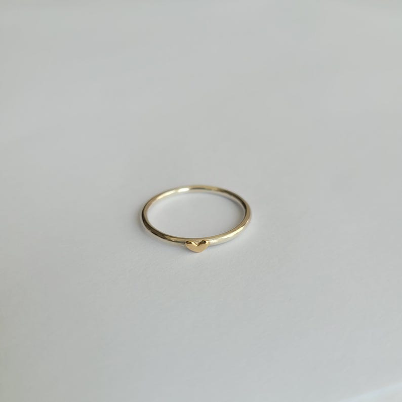 May include: A silver ring with a small gold heart charm.