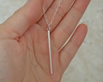 Handmade Sterling Silver Vertical Bar Necklace, Minimalist Textured Pendant