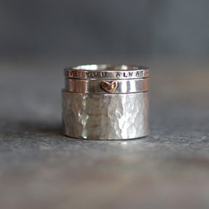 Stackable Personalised Boho Rings - Handmade Sterling Silver, Custom Made Jewellery, Love You Always, 9ct Yellow Gold Heart, Message ring