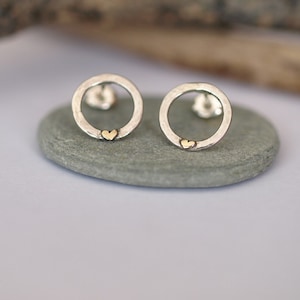 Hammered Circle Studs with Gold hearts - handmade modern sterling silver ring earrings with 9ct yellow gold