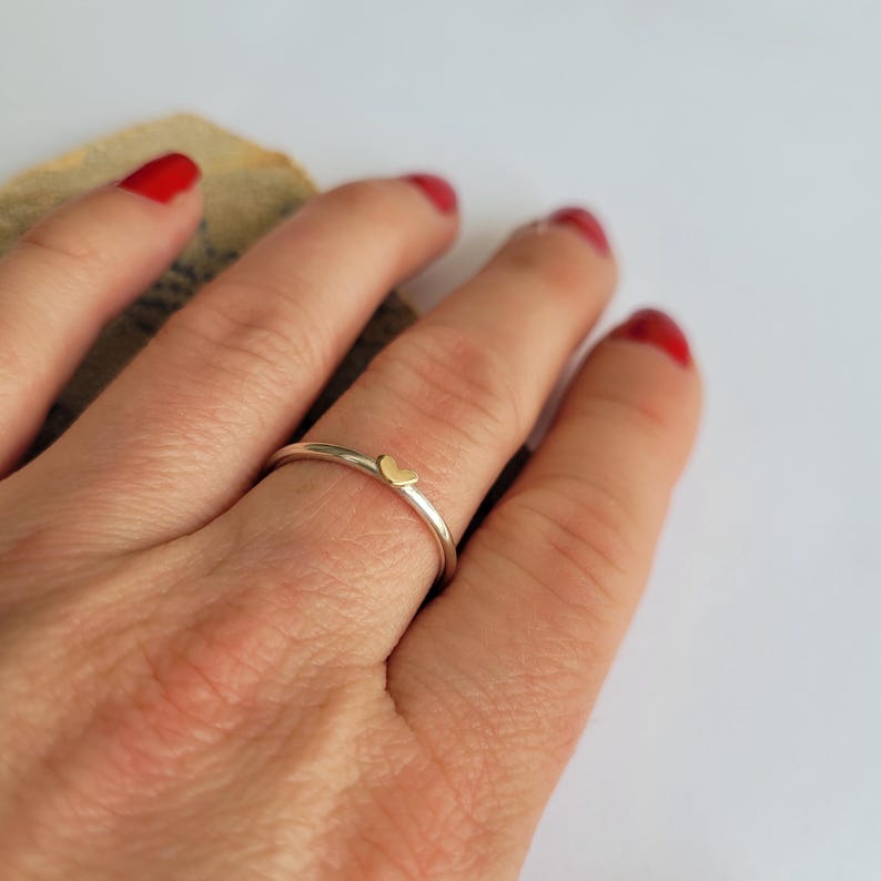 May include: A delicate silver ring with a small gold heart charm.