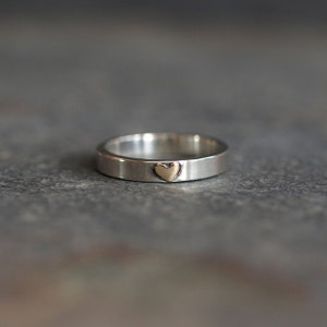 Handmade Sterling Silver Ring with 9ct Yellow Gold Heart, Personalised Inside Ring, Message on Outside of Ring, Romantic, Gift for Her