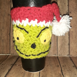 Christmas Thief,Grinch,Crocheted Coffee Cup Cozy,Crochet, Drink Accessory, Coffee cozy, Handmade Coffee Cozy,Coffee Sleeve, Stocking Stuffer