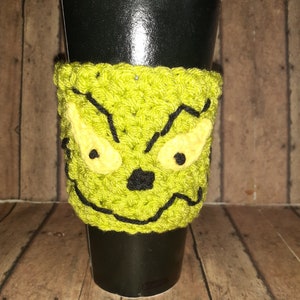 Christmas Thief,Grinch,Crocheted Coffee Cup Cozy,Crochet, Drink Accessory, Coffee cozy, Handmade Coffee Cozy,Coffee Sleeve, Stocking Stuffer