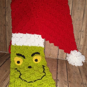 Christmas Thief, Grinch, He&#39;s a Mean one, Warm, Festive, Crocheted Scarf, Crochet, Santa, Handmade, Long Scarf, Stocking Stuffer, Snuggly
