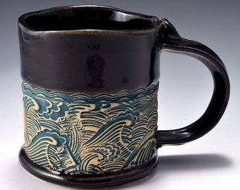 Stoneware Mug with Impressed Pattern of Crashing Waves, Black Patent Glaze - 12 ounces by Tom Bottman