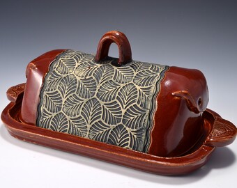 Large Butter Dish with Leaf Pattern with Gloss Firebrick Red Glaze by Tom Bottman