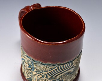 Stoneware Mug with Impressed Pattern of Crashing Waves, Firebrick Red Glaze - 12 ounces by Tom Bottman