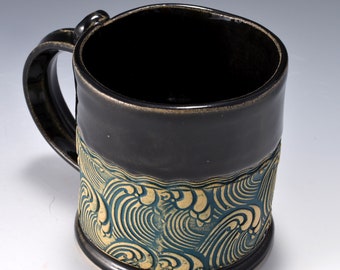 Stoneware Mug with Impressed Pattern of Rolling Waves, Black Patent Glaze - 12 ounces by Tom Bottman
