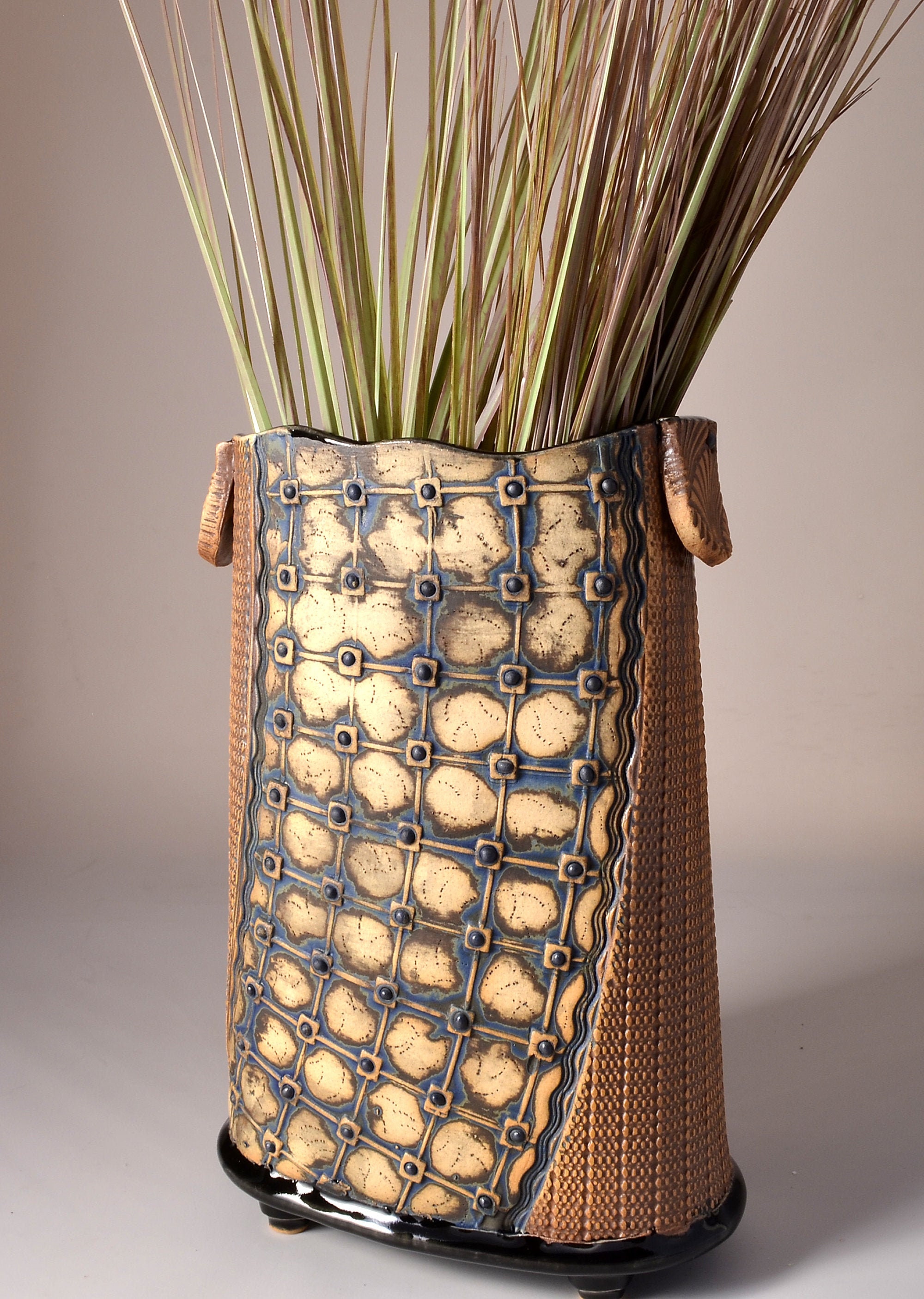 Tall Oval Vase Stoneware with Gloss Black Glaze and Unglazed Exterior ...