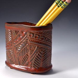 Oval Desktop Pencil and Pen holder in Ancient Copper Glaze and Lively Textured Exterior with geometric Image by Tom Bottman