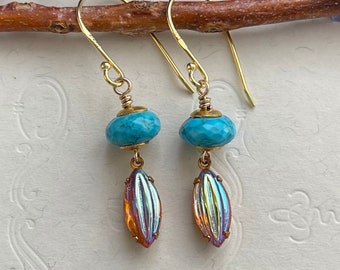 Turquoise Vintage Rhinestone Earrings Gold Dangle Ridged Amber Pumpkin Earrings