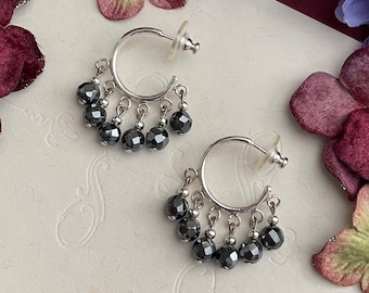 Sterling Silver Hematite Hoop Earrings Vintage Beaded Dangle Chandelier Drop Earrings