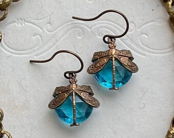 Vintage Brass Dragonfly Aqua Turquoise Blue Glass Earrings