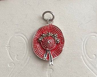 Red Hat Society Charm Enamel Vintage Sterling Silver Red Straw Hat Charm
