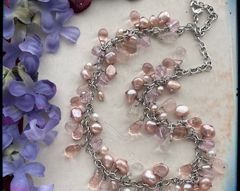 Pink Pearl Rose Quartz Drop Necklace Pink Spring Gemstone Dangle Valentine Jewelry Silver Chain