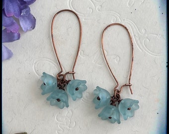 Soft Pastel Blue Frosted Glass Flower Bead Earrings Dainty Floral Feminine Spring Jewelry