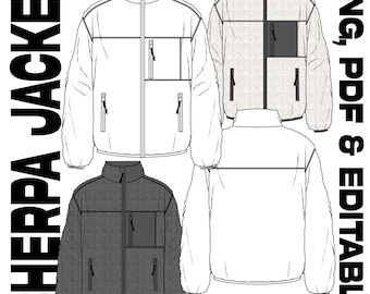 Dibujo técnico vectorial de chaqueta sherpa. Listo para el paquete técnico. Plantilla de diseño de moda AI PNG PDF.