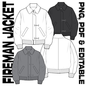 Puede incluir: Ilustración lineal de una chaqueta de bombero en cuatro colores: blanco, negro, gris y una vista trasera blanca. Las chaquetas tienen cuello, cierres de palanca y puños y dobladillo acanalados. El texto a la izquierda dice "FIREMAN JACKET" y a la derecha "PNG, PDF & EDITABLE".