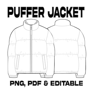 May include: Line drawing of a puffer jacket, front and back views, with a zipper closure and pockets. The text "PUFFER JACKET" is above the jacket, and "PNG, PDF & EDITABLE" is below.