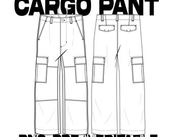 Plantilla técnica de pantalón cargo plano/moda (AI, PNG, PDF)