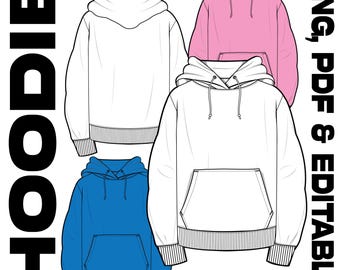 Hoodie-Hoodie-Tech-Zeichnung. Tech Pack bereit. Mode-Design-Vorlage AI PNG PDF