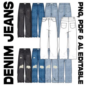 May include: A selection of denim jeans in diverse washes and styles. The image presents various pairs of jeans, including black, blue, and white options. Some jeans have distressed details. The text "DENIM JEANS" and "PNG, PDF & AI EDITABLE" are also visible.