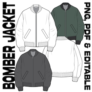Op de afbeelding: Lijntekening van vier bomberjacks in wit, donkergroen, grijs en een witte achteraanzicht. Elke jas heeft een geribbelde kraag, manchetten en zoom, met een ritssluiting aan de voorkant en twee voorzakken. De tekst "BOMBER JACKET" en "PNG, PDF & EDITABLE" is aanwezig.